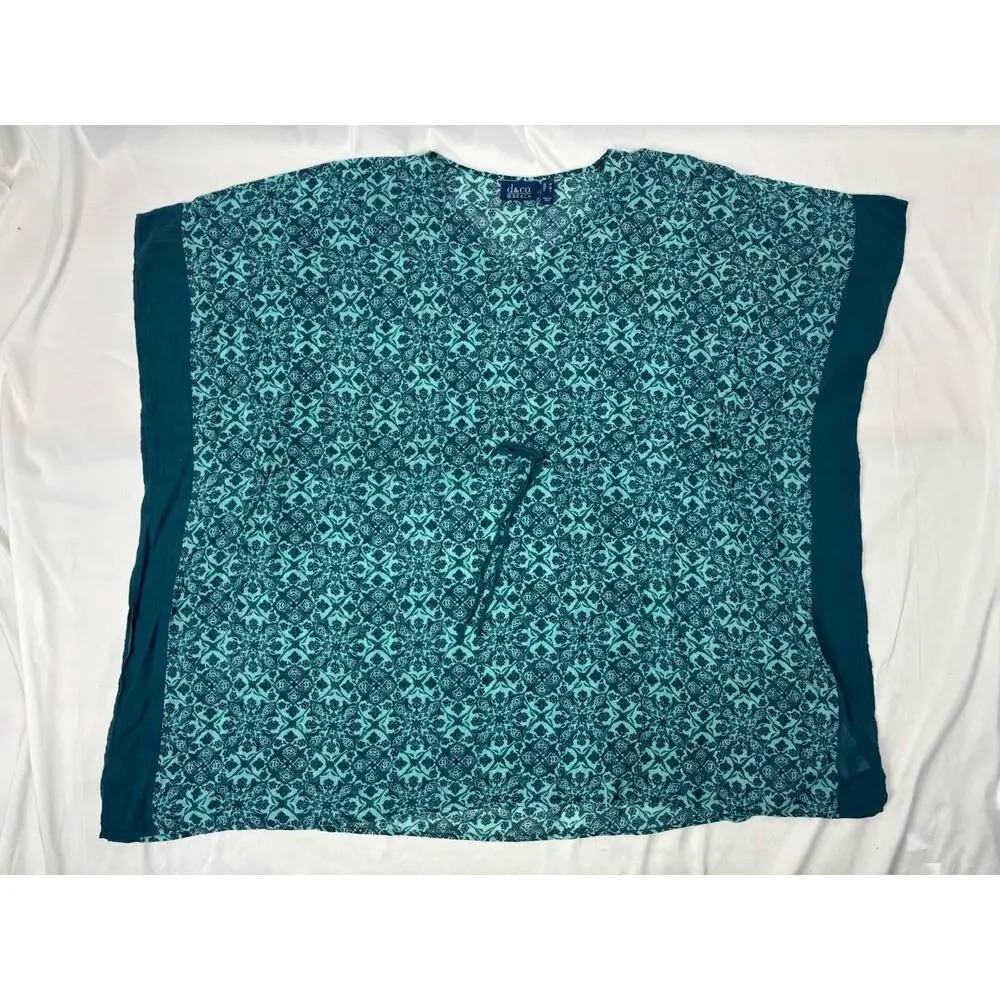 Denim & Co. Beach Printed Caftan Cover-Up Cinched Waist Teal Size M Beach Resort